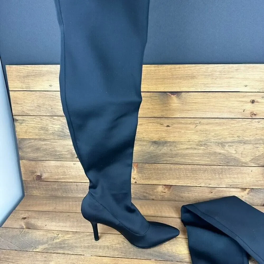 INC Zaliaaf Regal Black Satin Pointed Toe Stiletto Over The Knee Boots 5